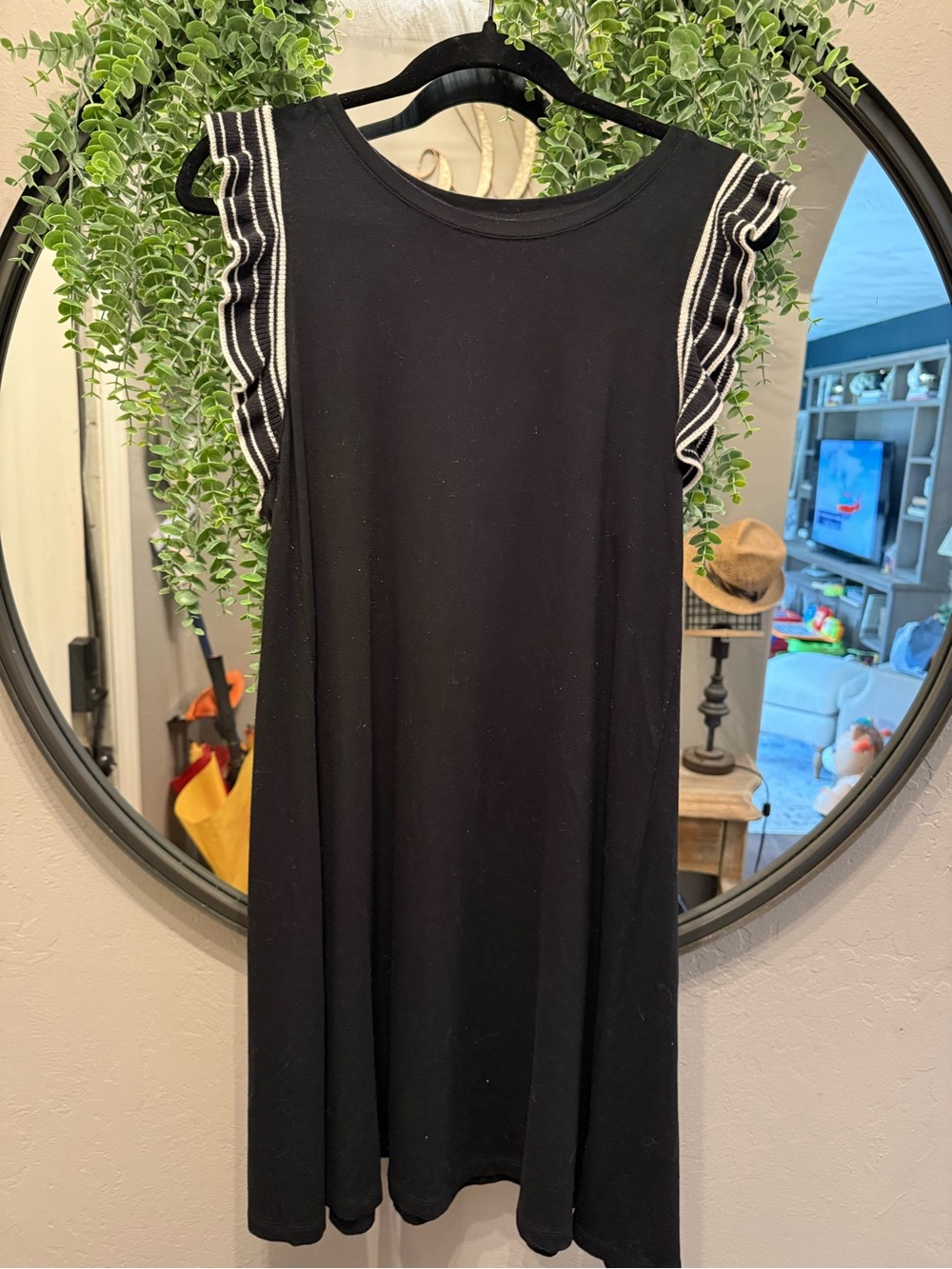 LOFT Black Midi Shift Dress with Striped Ruffle Sleeves